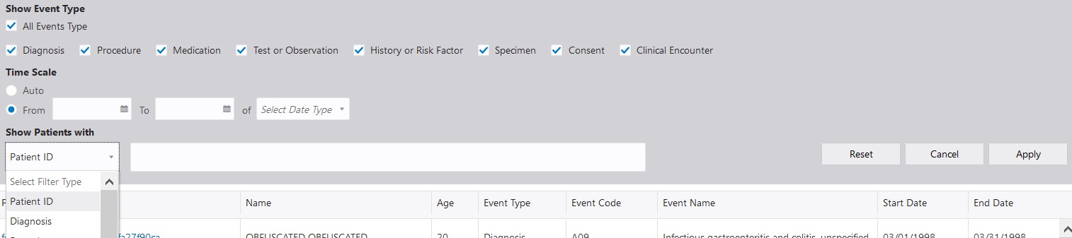 Show Event Type, Time Scale, and Show Patients With