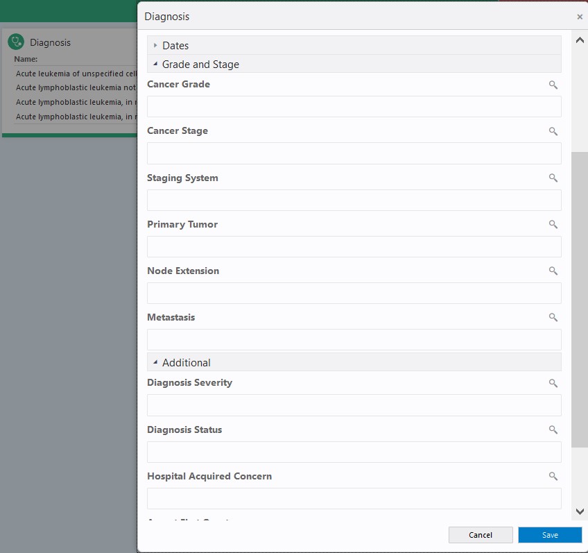 Additional attributes in the Diagnosis criteria window