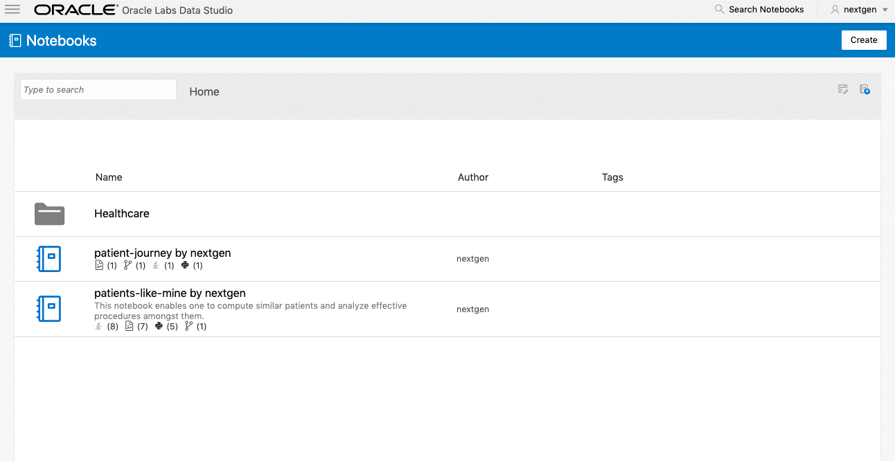 The Oracle Healthcare Translational Research-NextGen Notebook home page. The Oracle Healthcare Translational Research-NextGen Notebook home page.