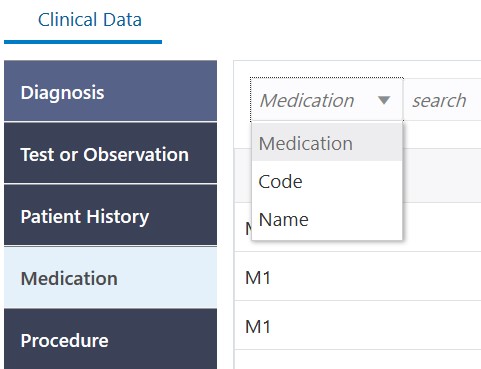 Image of the Clinical Data drop-down.