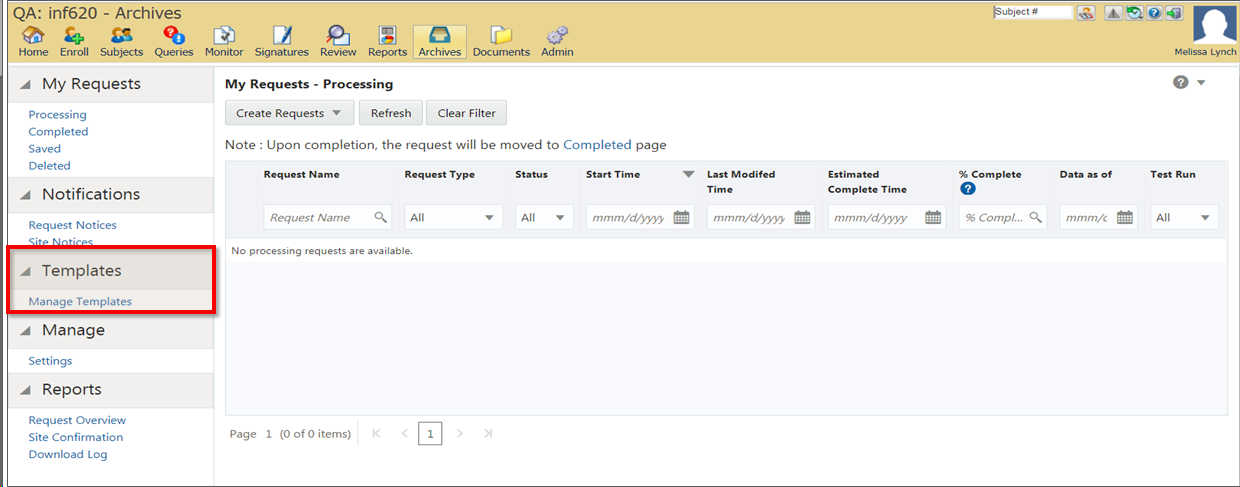 Templates menu highlighted in left-hand navigation pane.