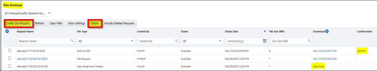 Sites Archive page with the Create Site Request and Delete tabs and the Downlaod and Confirm options highlighted, Create Site Request and Delete tabs are emphasized.