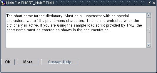 Image of the Field Help for Short Name Field in Define Dictionaries