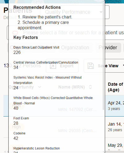 Recommended actions box showing recommended actions including reviewing patient's chart and scheduling an appointment.