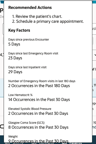 Recommended actions box showing recommended actions including reviewing patient's chart and scheduling an appointment. Recommended actions box showing recommended actions including reviewing patient's chart and scheduling an appointment.