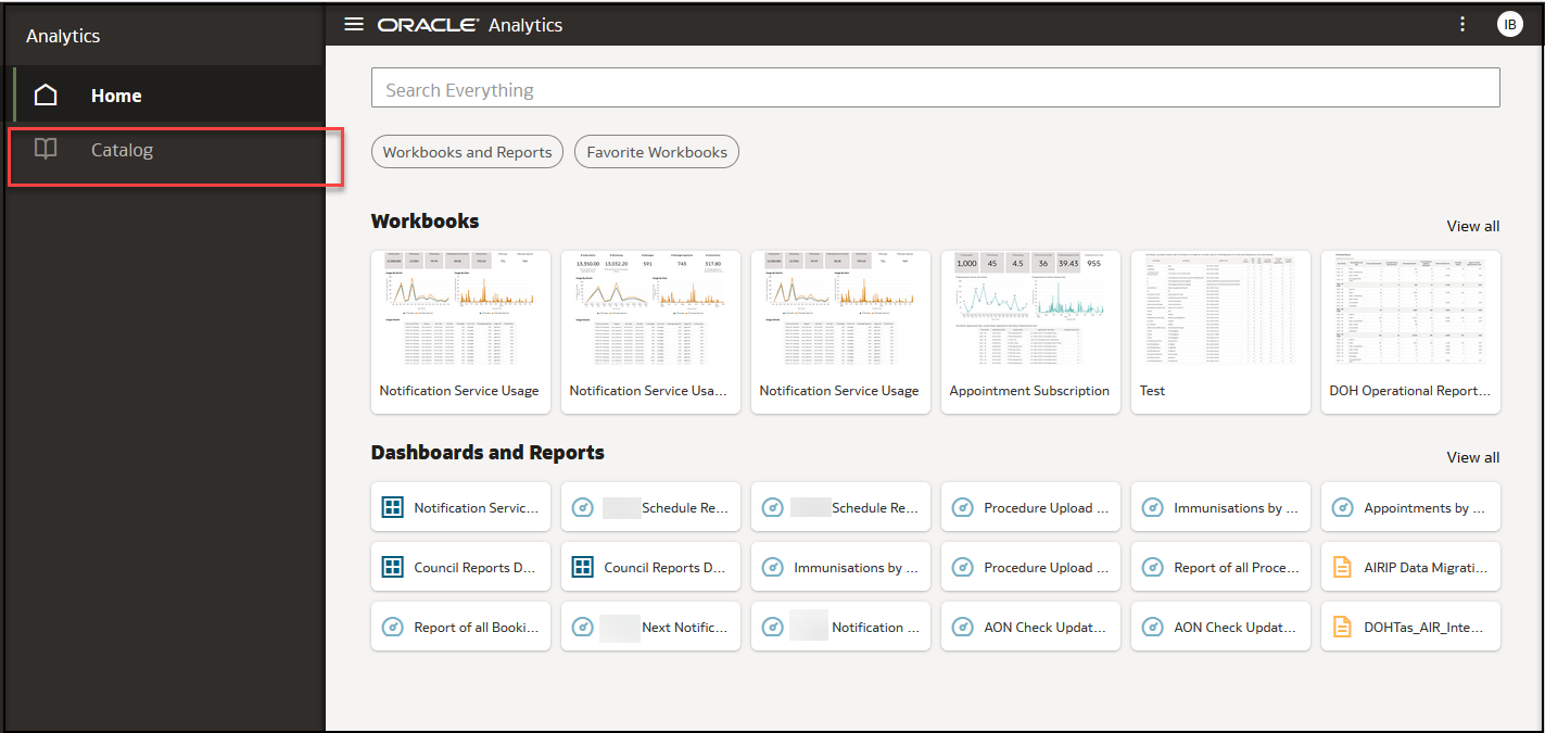 Oracle Analytics main menu with Catalog option
