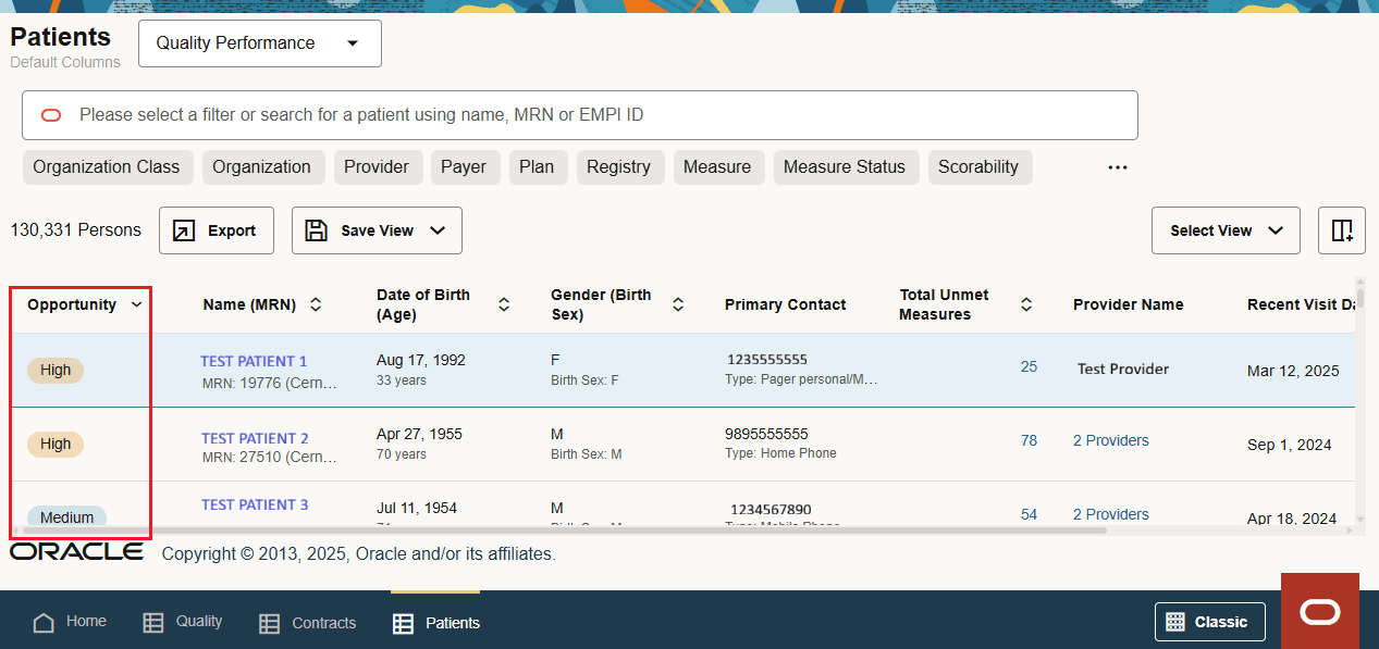 Opportunity column of the Patient View highlighted, showing badges with High, Medium, and Low categories for patients.