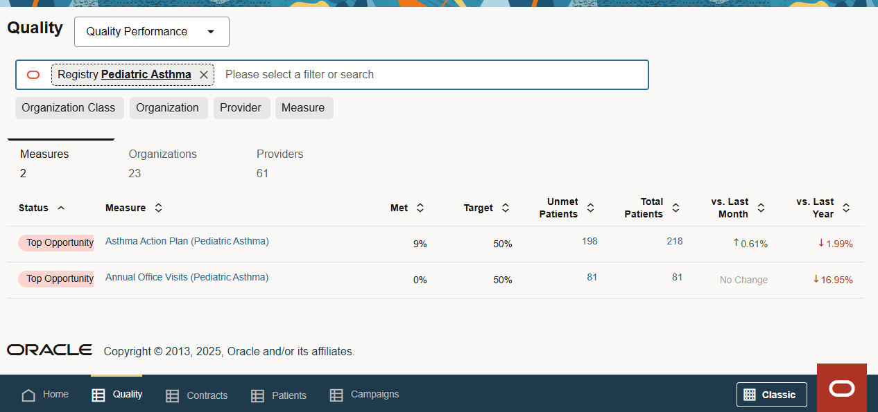 Quality Performance measure view with Pediatric Asthma registry selected Quality Performance measure view with Pediatric Asthma registry selected