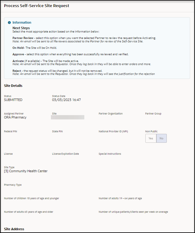 Process Self-Service Site Request panel - Site Details section