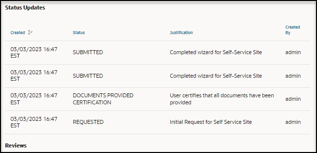 Process Self-Service Site Request panel - Status Updates section