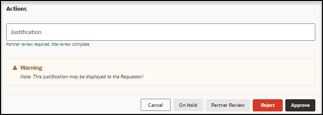 Process Self-Service Site Request panel - Actions section