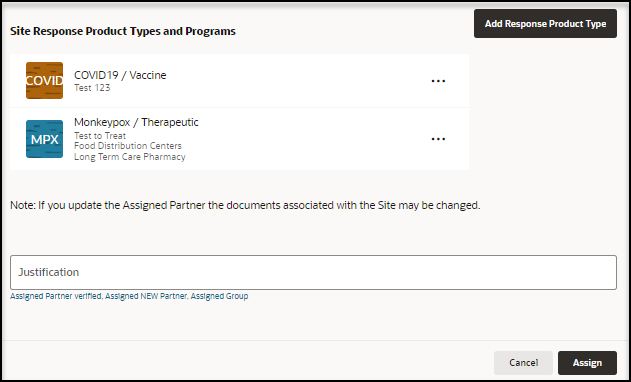 Assign Partner panel - Site Response Product Types and Programs section