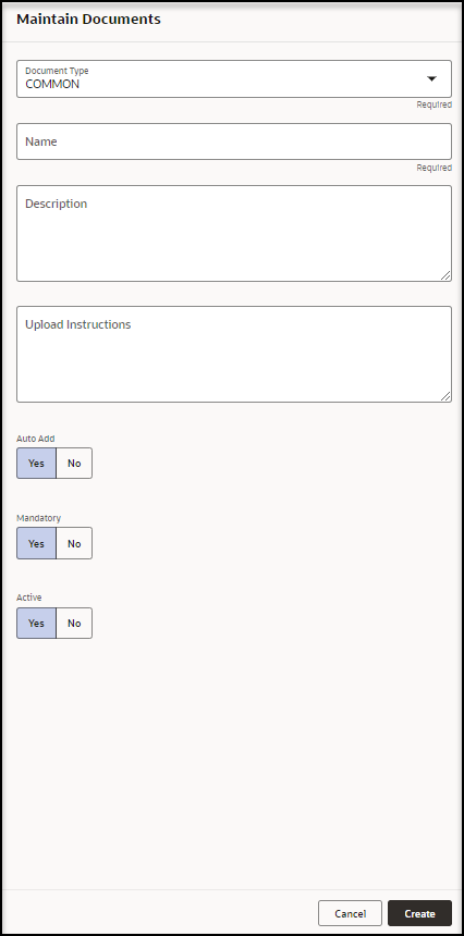 Maintain Documents panel - Add document