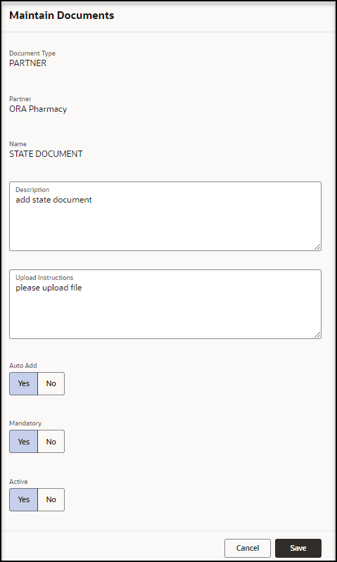 Maintain Documents panel - Modify document