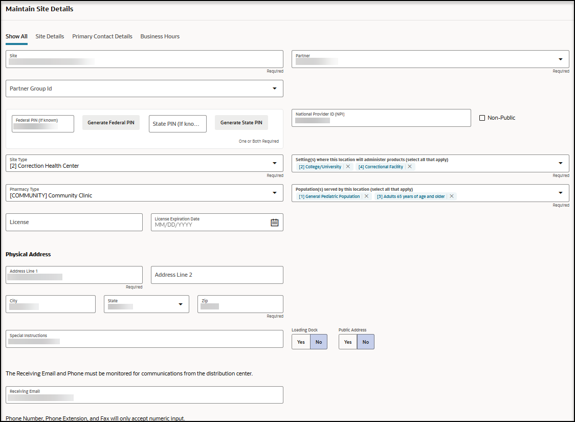Maintain Site Details panel