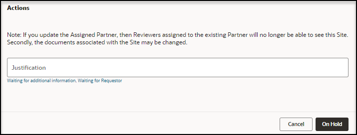 On Hold panel - Actions section