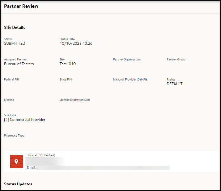 Partner Review panel - Site Details section