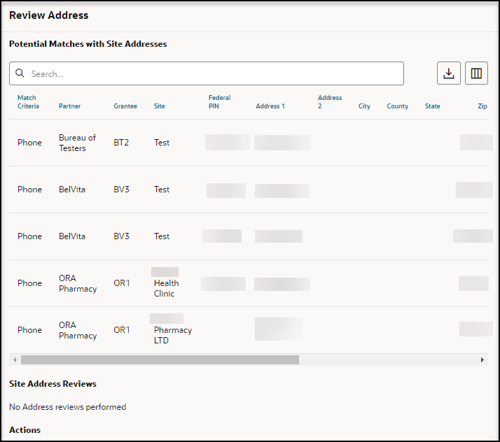 Review Address panel - Potential Matches with Site Addresses and Site Address Reviews sections