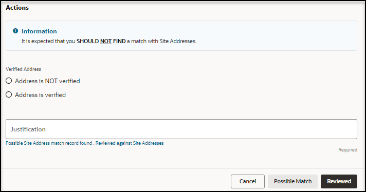 Review Address panel - Actions section