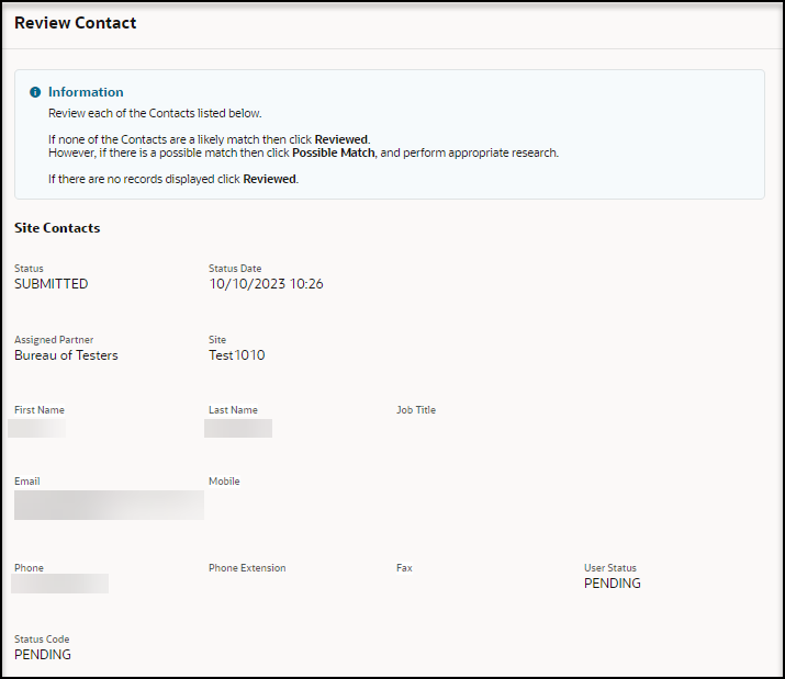 Review Contact panel - Site Contacts section
