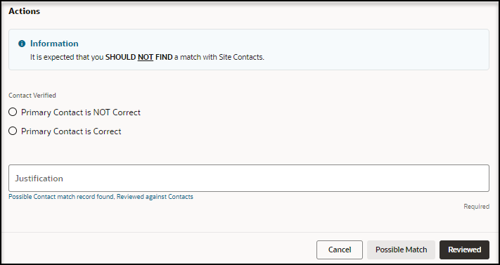 Review Contact panel - Actions section