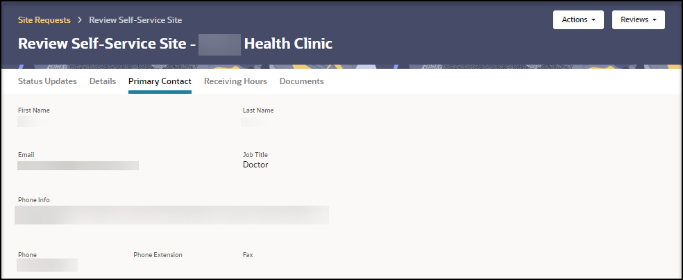 Review Self-Service Site - [Site Name] page - Primary Contact tab