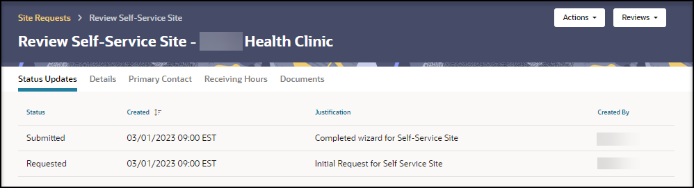 Review Self-Service Site page - Status Updates tab