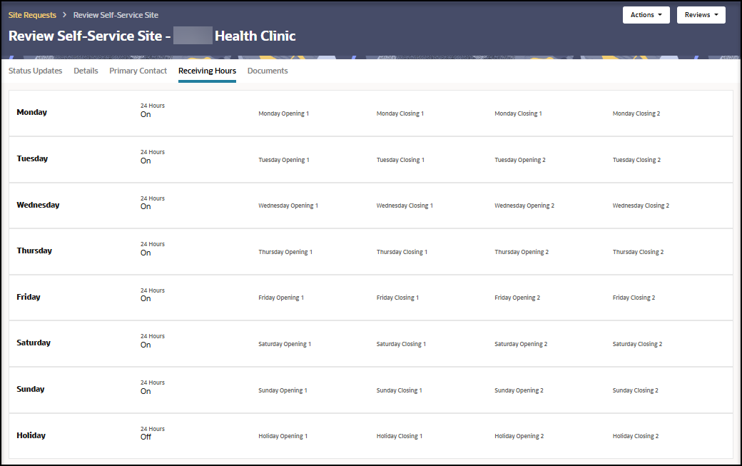 Review Self-Service Site page - [Site Name] page - Receiving Hours tab