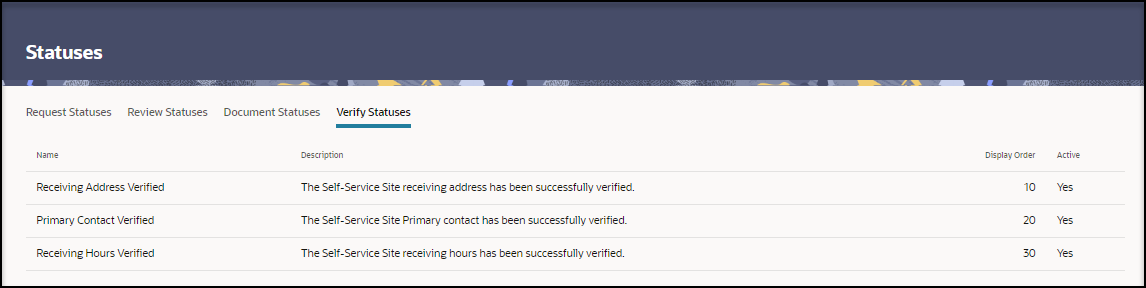 Statuses page - Verify Statuses tab