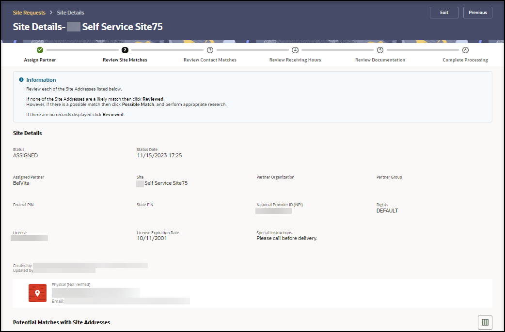 Step 2 Review Site Matches page - Site Details section