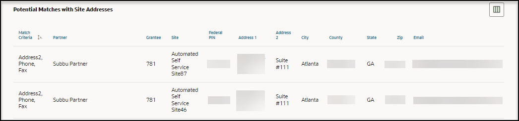 Step 2 Review Site Matches page - Potential Matches with Site Addresses section