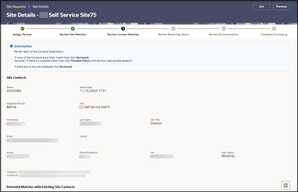 Step 3 Review Contact Matches page - Site Contacts section