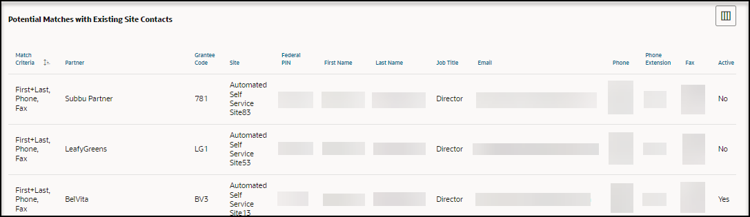 Step 3 Review Contact Matches page - Potential Matches with Existing Site Contacts section