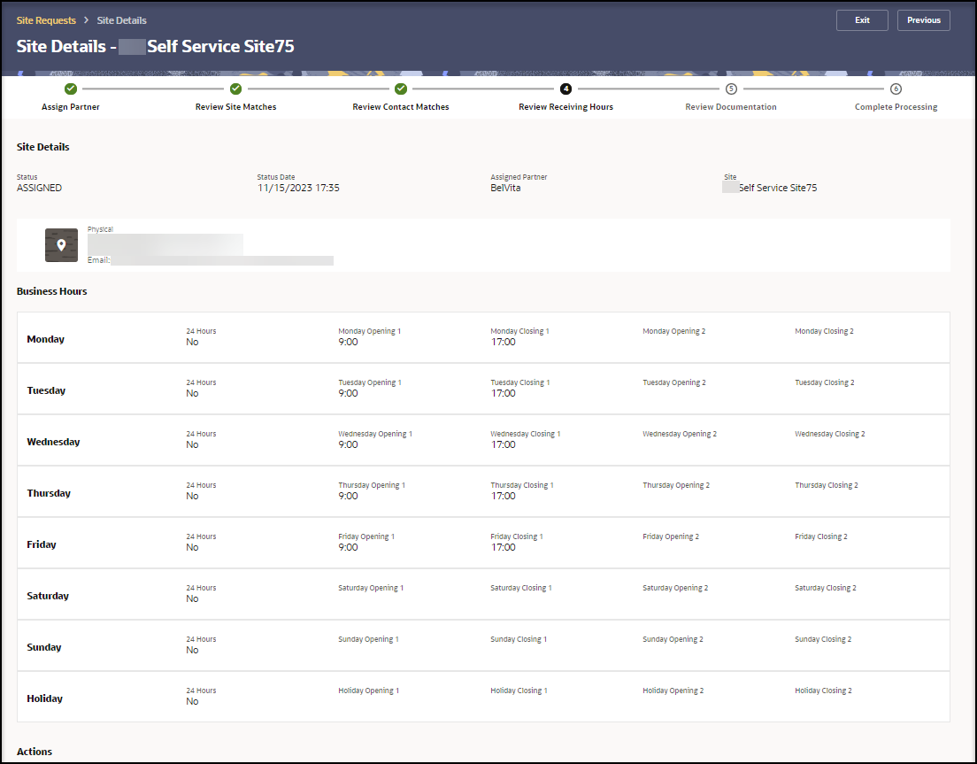 Step 4 Review Receiving Hours page - Site Details and Business Hours sections