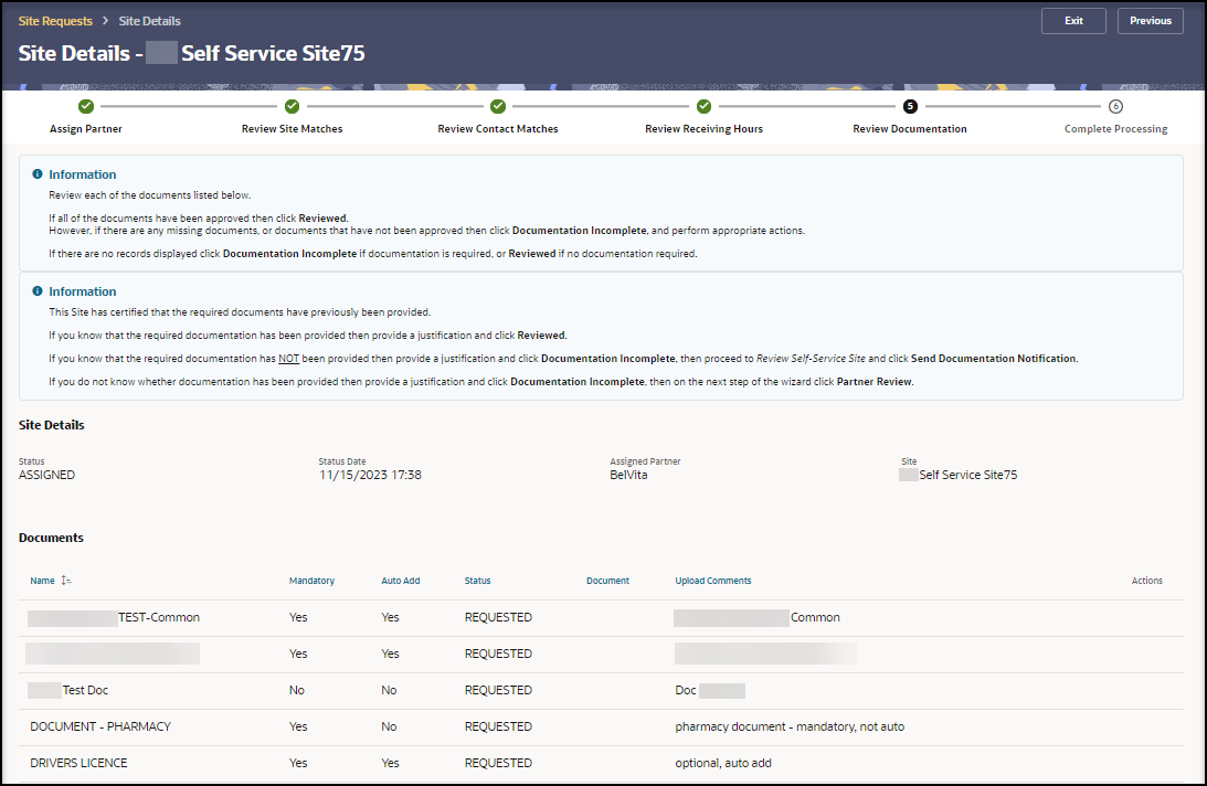 Step 5 Review Documentation page - Site Details and Documents sections