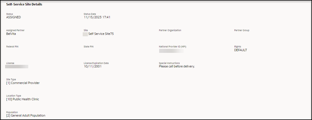 Step 6 Complete Processing page - Self-Service Site Details section