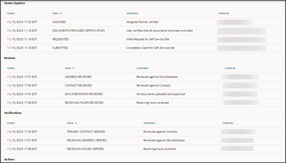 Step 6 Complete Processing page - Status Updates, Reviews, and Verifications sections