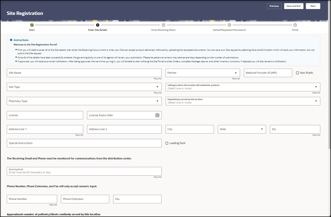 Site Registration wizard - Enter Site Details page