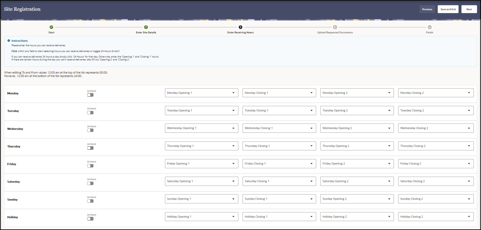 Site Registration wizard - Enter Receiving Hours page