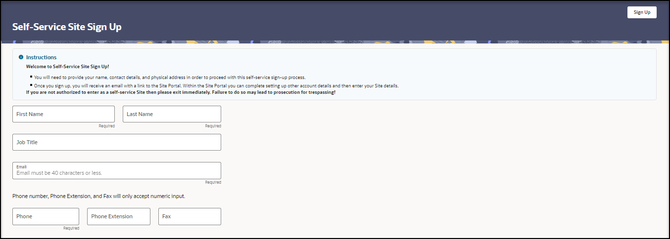 Self-Service Site Sign Up page