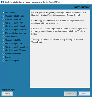 This figure shows the Installation Page for Cruise Border Control