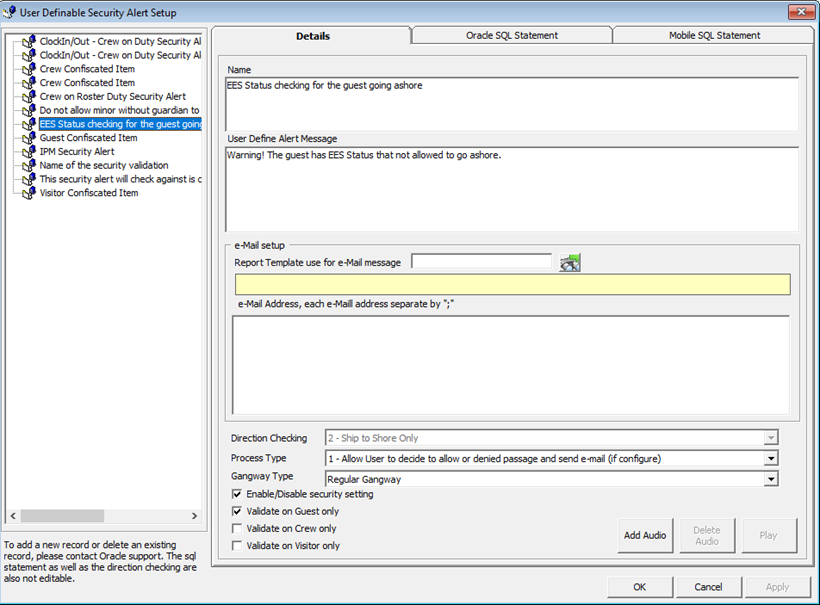 This figure shows User Definable Security Alert Setup field in OHC Administration