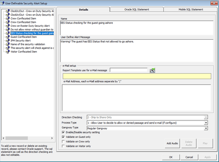 This figure shows User Definable Security Alert Setup field in OHC Administration This figure shows User Definable Security Alert Setup field in OHC Administration