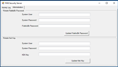 This figures shows the Administration interface for resetting the FidelioBK password and KEK key.