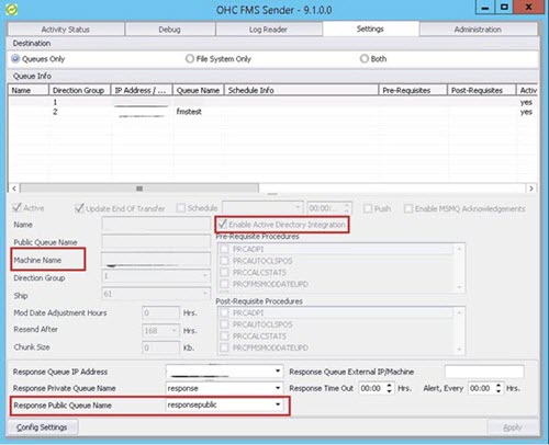 The figure shows the OHC FMS Sender Settings