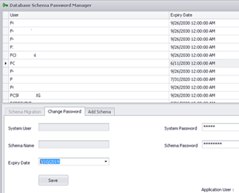This figure shows the Change Password tab in the Database Schema Password Manager screen.