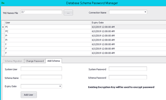 This figure shows the Add Schema tab on the Database Schema Password Manager screen.