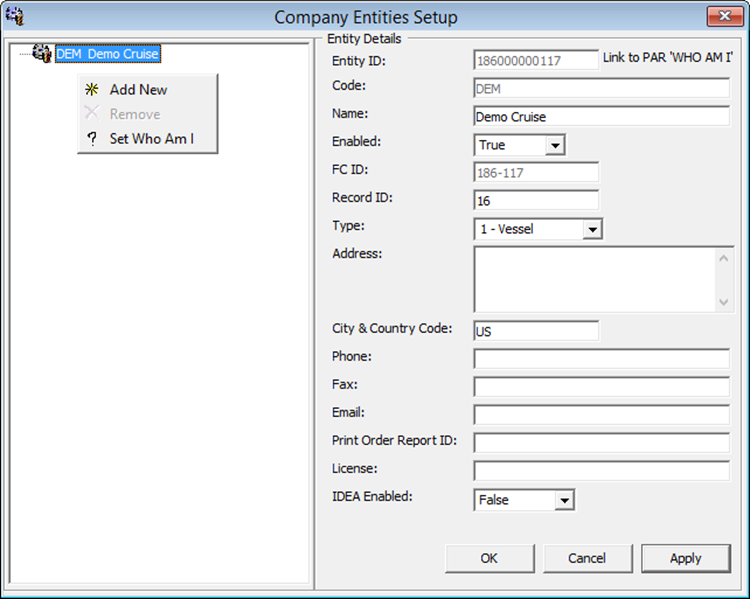 This figure shows the Company Entities Setup window.