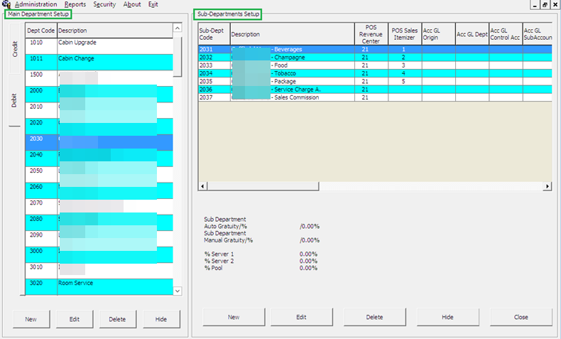 This figure shows the configuration window for Main Department and Sub-Department codes.