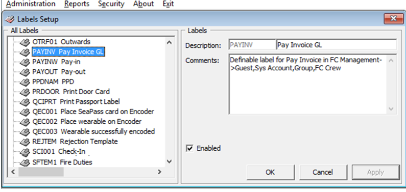 This figure shows the Labels Setup for Pay Invoice and Pay-In